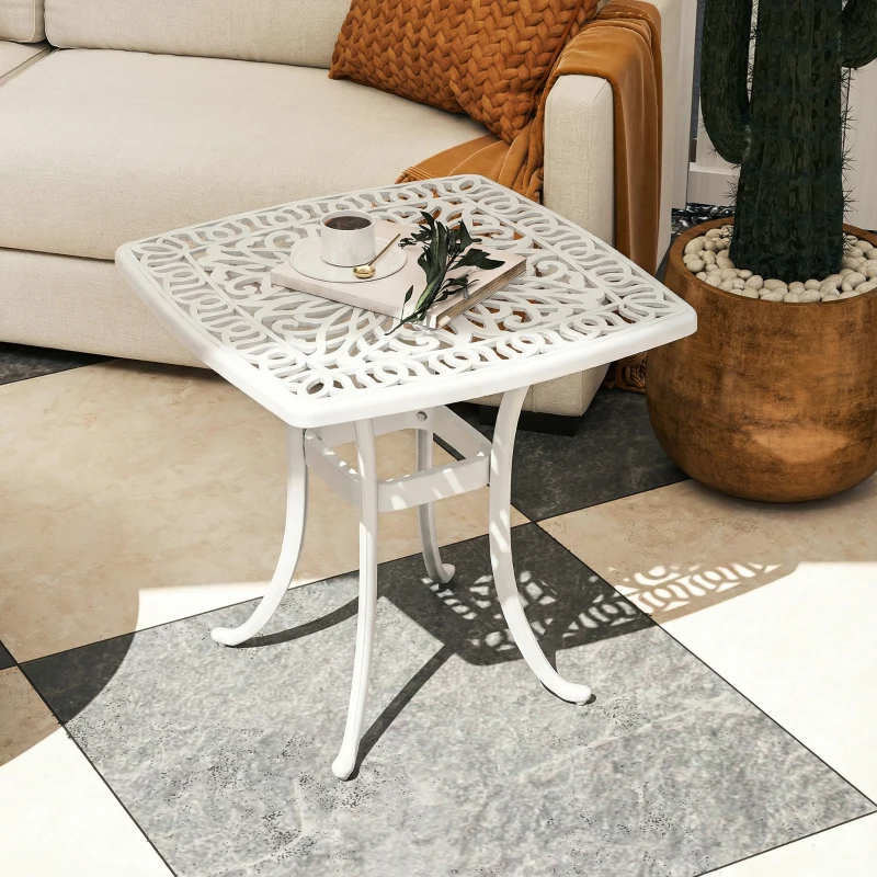 Outsunny Outdoor Garden Table with 38mm Dia. Umbrella Hole, Cast Aluminium Patio End Table with Anti-slip Foot Pads for Garden