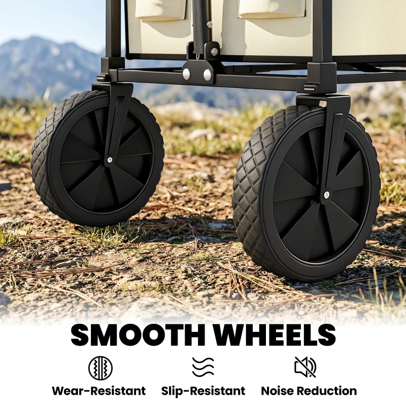 Outsunny 95L Foldable Festival Trolley on Wheels, Collapsible Wagon Cart with Adjustable Handle and 2 Cup Holders, Khaki