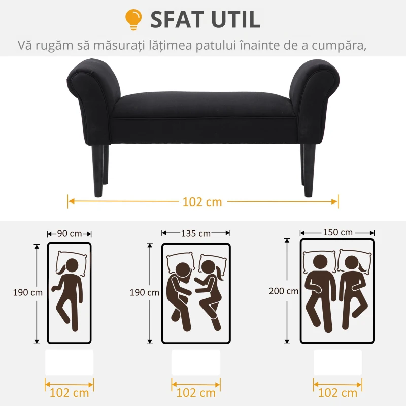 HOMCOM Bancă Tapițată pentru Capătul Patului cu Brațe Rulate, 102x35x51cm, Negru