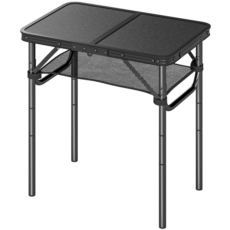 Outsunny 2ft Folding Camping Table, Picnic Table with Mesh Storage Layer, 4 Adjustable Heights and Carrying Handle, Black