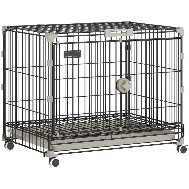 PawHut Gaiola Dobrável para Cão, Bandeja Removível, Rodas com Travas, Teto Abrível, Porta de Alimentação, 60,5x45,5x54,5cm, Preto