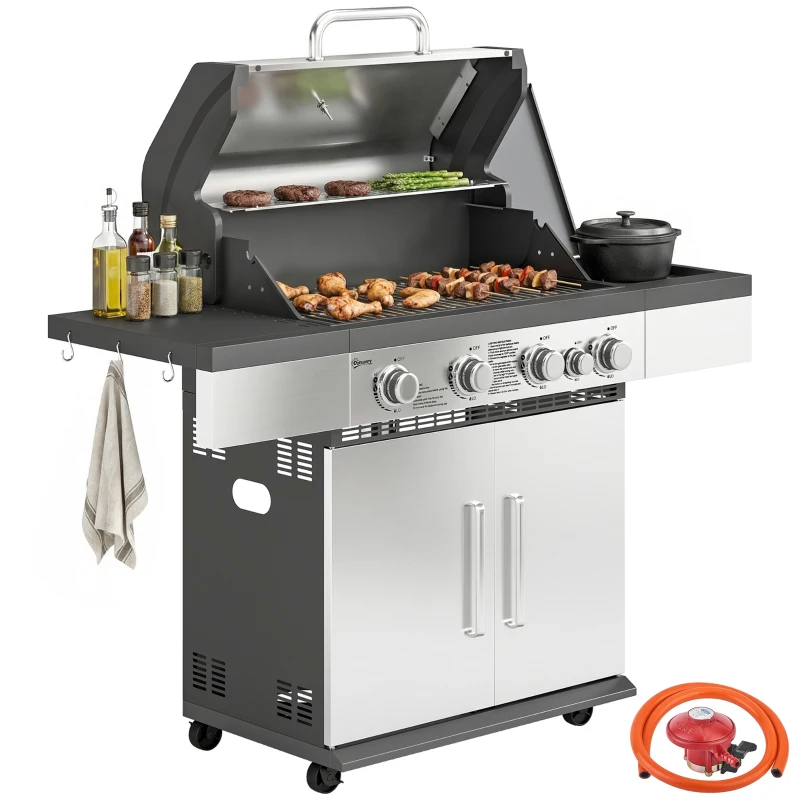 Outsunny 4+1 Burner Gas BBQ Grill, Portable Gas Barbecue Grill with Side Burner, Warming Rack, Side Shelf, Storage Cabinet