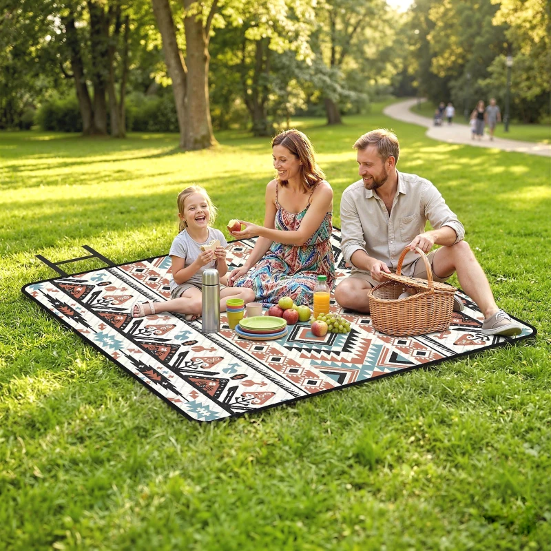 Outsunny Picnic Blanket, 200x200CM Large Beach Blanket Outdoor Picnic Mat with Integrated Strap for Camping, Mix-Colour