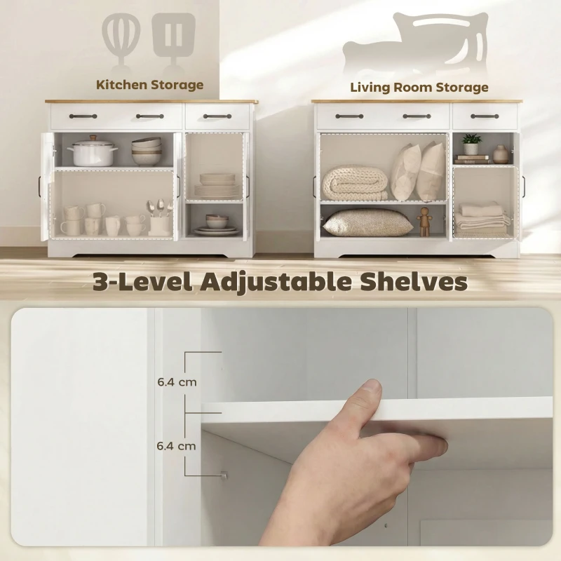 HOMCOM Buffet cuisine, meuble de rangement avec 3 portes de grange, 2 tiroirs et étagères réglables, 108 x 40 x 81 cm, blanc