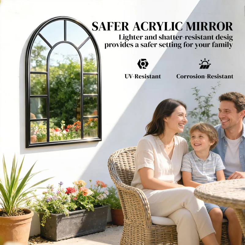 Outsunny Arched Mirror, Shatterproof Acrylic Windowpane Wall Mounted Mirror with Robust Metal Frame, 71 x 51 cm, Black