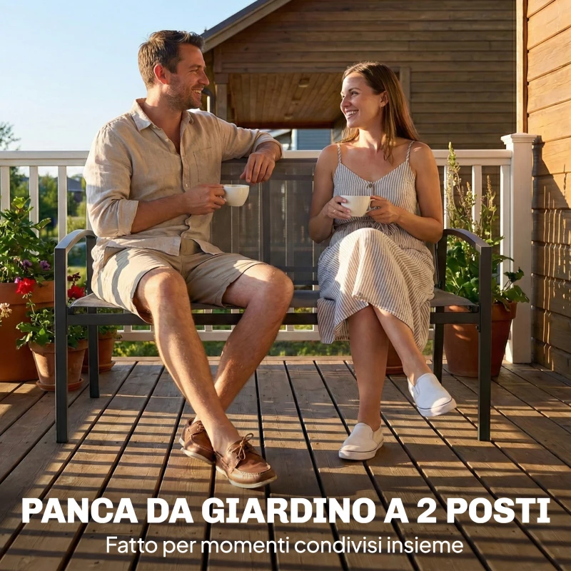 Outsunny panca da giardino in metallo, 2 posti, tessuto traspirante Texteline, colore grigio.