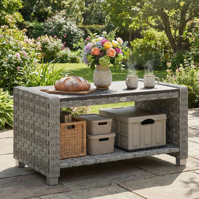 Outsunny Outdoor Coffee Table with Storage Shelf, PE Rattan Side Table with Slatted Top and Foot Pads, Grey