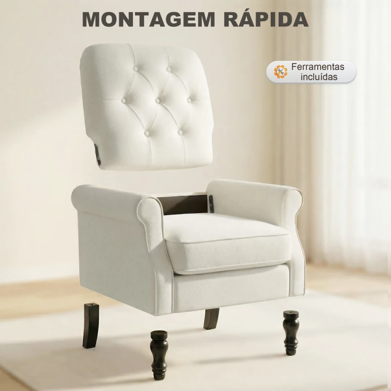 HOMCOM Sofá Individual Estofado em Linho Assento Acolchoado Espesso Encosto Capitonê Pés de Madeira Maciça Creme