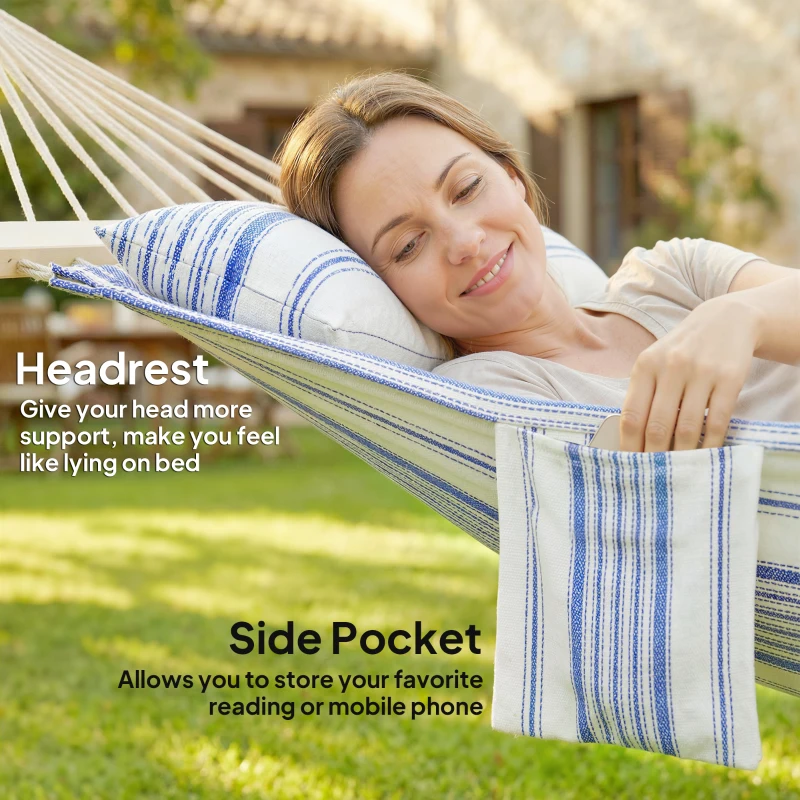 Outsunny Cotton Hammock, Soft Portable Swing Sleeping w/ Headrest & Side Pocket, Blue and White