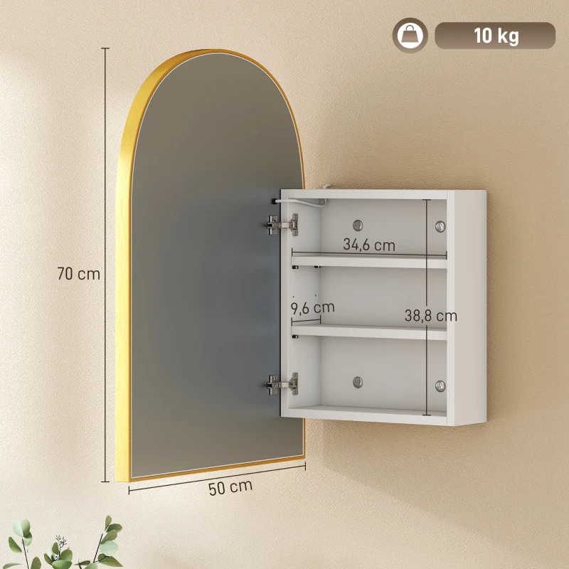 HOMCOM Armoire murale salle de bain avec miroir et éclairage LED, porte arquée, anti-buée, 50x14,5x70cm, doré