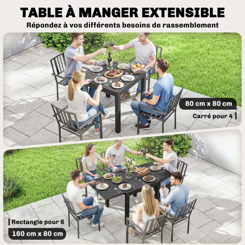 Outsunny Table de jardin extensible table extérieur pour 4-6 personnes avec rallonge auto-stockée aluminium 80-160 x 80 cm noir