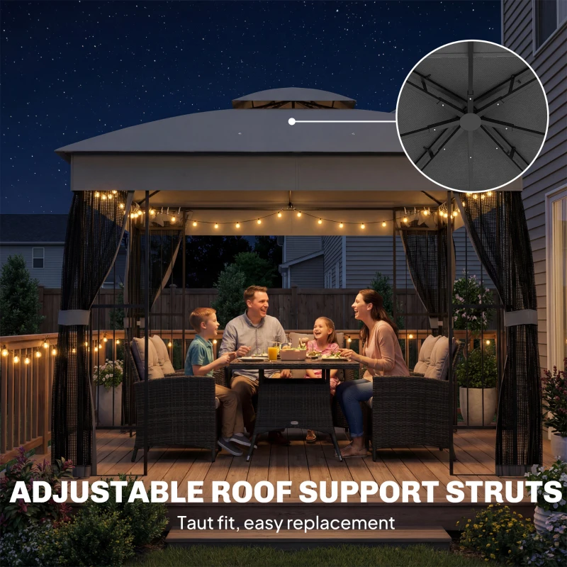 Outsunny 3 x 3 m Outdoor Garden Gazebo with Post Shelves, UPF50+ Double Roof Patio Permanent Pavilion, Grey