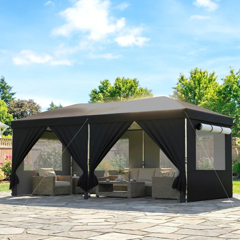Outsunny 3 x 6 m Pop Up Canopy with UV50+ Protection Garden Gazebo with 6 Sidewalls, Black