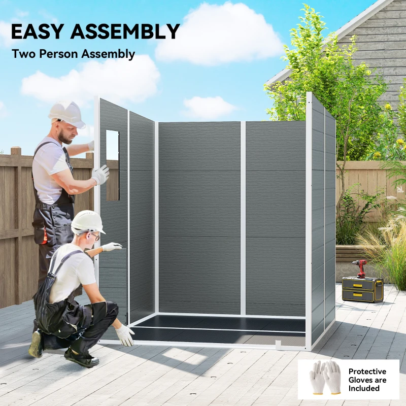 Outsunny 6 x 6 ft Plastic Garden Shed, Wood-Effect Outdoor Storage Shed with Floor, Windows, Lockable Doors and Vents, Grey