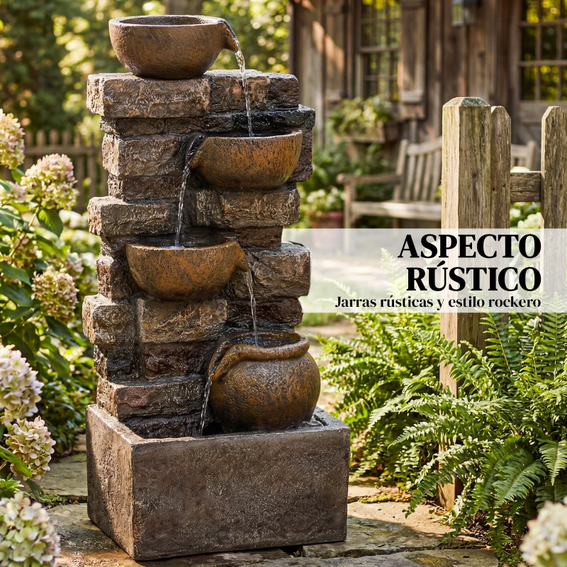 Outsunny Fuente de Jardín con Iluminación LED Bomba Fuente Decorativa en Cascada de 5 Niveles Flujo Ajustable Marrón Rústico
