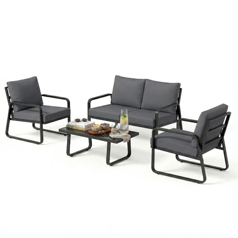 Outsunny Conjunto de Jardim 4 Peças com Almofadas Removíveis Muito Espessas 10cm Mesa de Centro em Vidro Temperado Preto