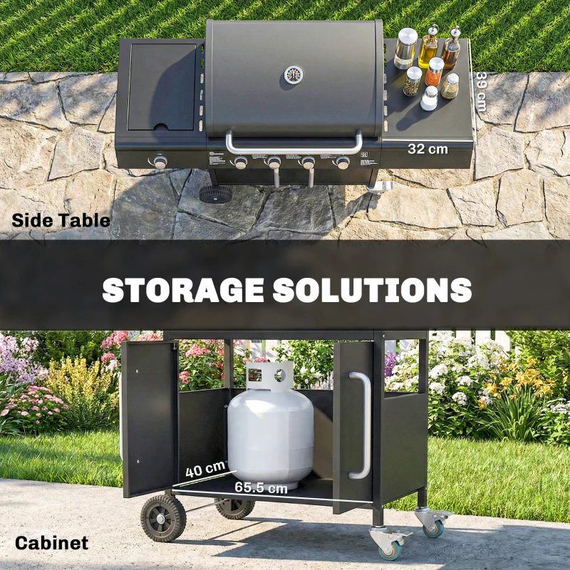 Outsunny 4+1 Burner Gas BBQ Grill with Storage Cabinet, 15.2 kW Gas Barbecue Trolley with Side Table, 4 Wheels, Warming Rack