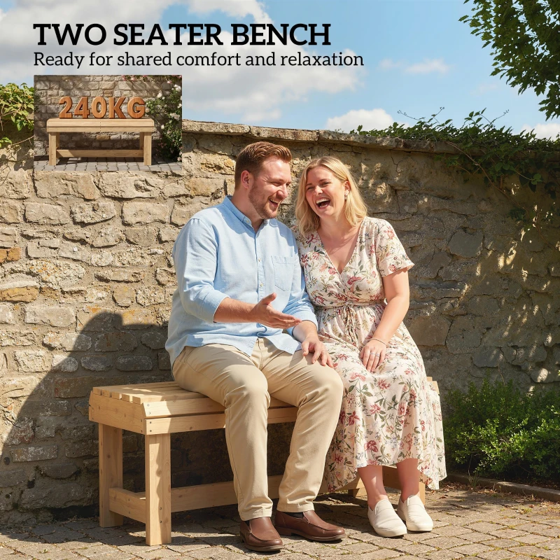 Outsunny Wooden Outdoor Bench, 2 Seater Garden Bench, Backless Patio Bench with Slatted Curved Seat, Natural Wood Finish
