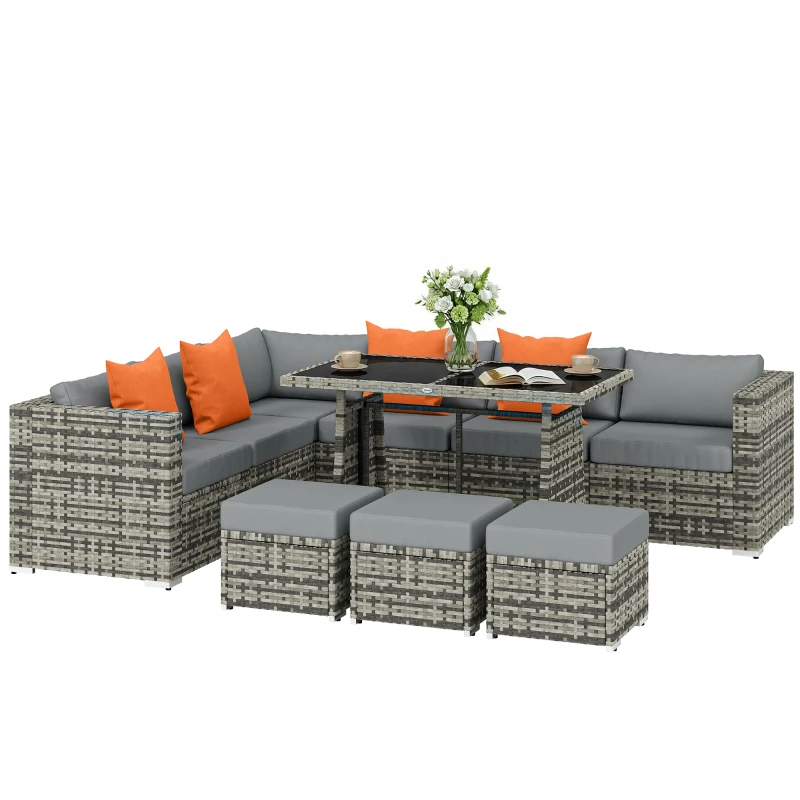 Outsunny 10 Piece Rattan Garden Furniture Set, 2 Corner Sofas with 4 Chairs, 4 Stools and Coffee Table, Outdoor Patio Furniture