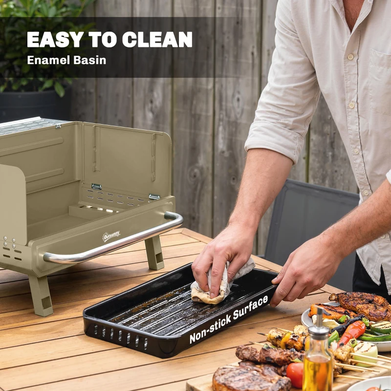 Outsunny Portable BBQ Grill, Charcoal Barbecue Grill with Adjustable Grates, Foldable Legs, Side Shelf for Camping Travel, Khaki