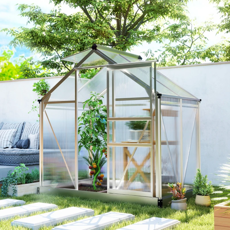 Outsunny Polycarbonate Greenhouse, Large Walk-In Green House with Slide Door and Window, Aluminium Frame, 6x4ft, Silver Tone