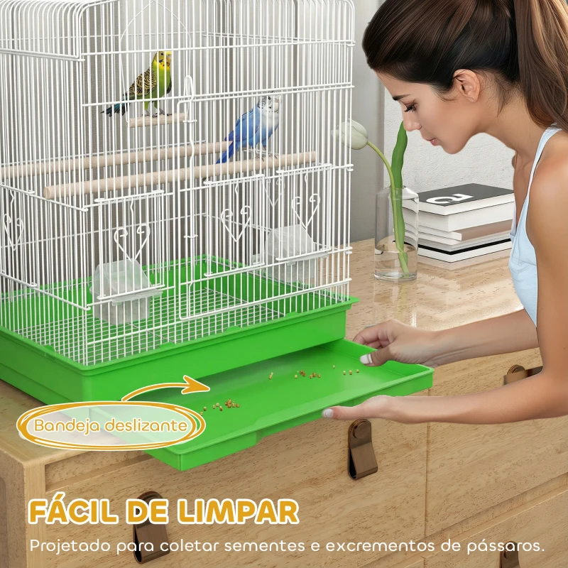 PawHut Gaiola para Pássaros Gaiola de Aço com 2 Alimentadores 2 Poleiros Baloiço e Bandeja Removível Pega 46,5x36x59 cm Verde