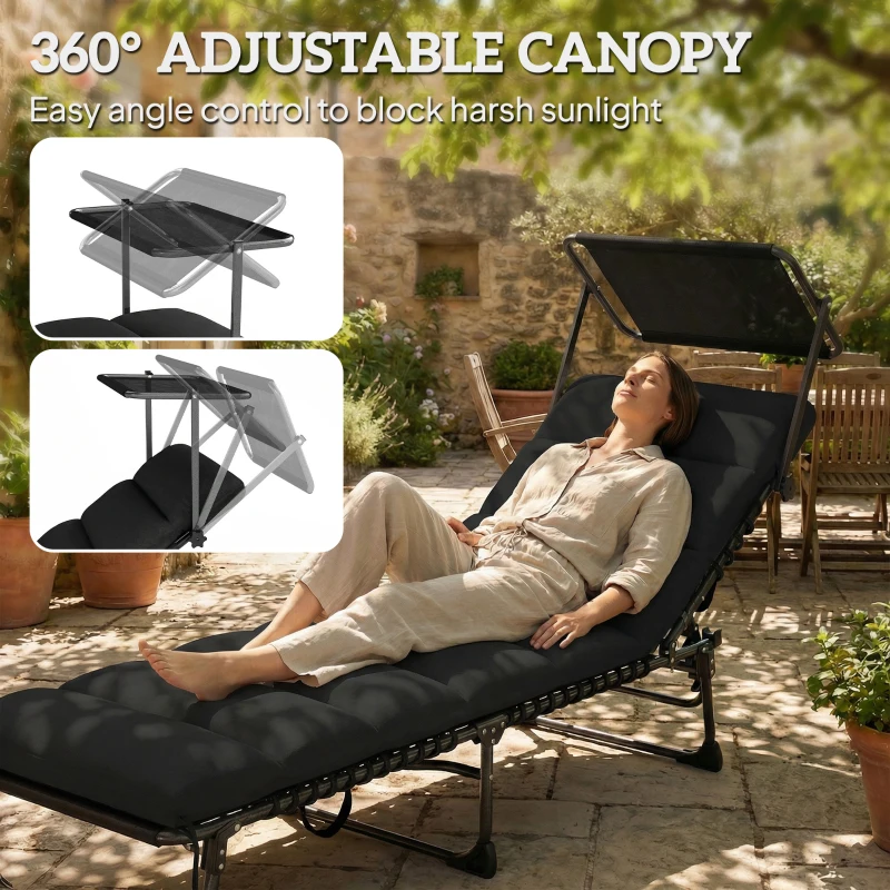 Outsunny Folding Sun Lounger with Canopy, Reclining Sunbed with Cushion, Side Pocket, Carrying Handle, Black