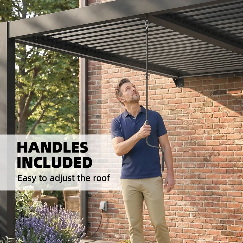 Outsunny 3 x 3 m Louvered Pergola with LED Lights, Metal Louvres, Wall Mounted Aluminium Patio Gazebo Pergola, Dark Grey