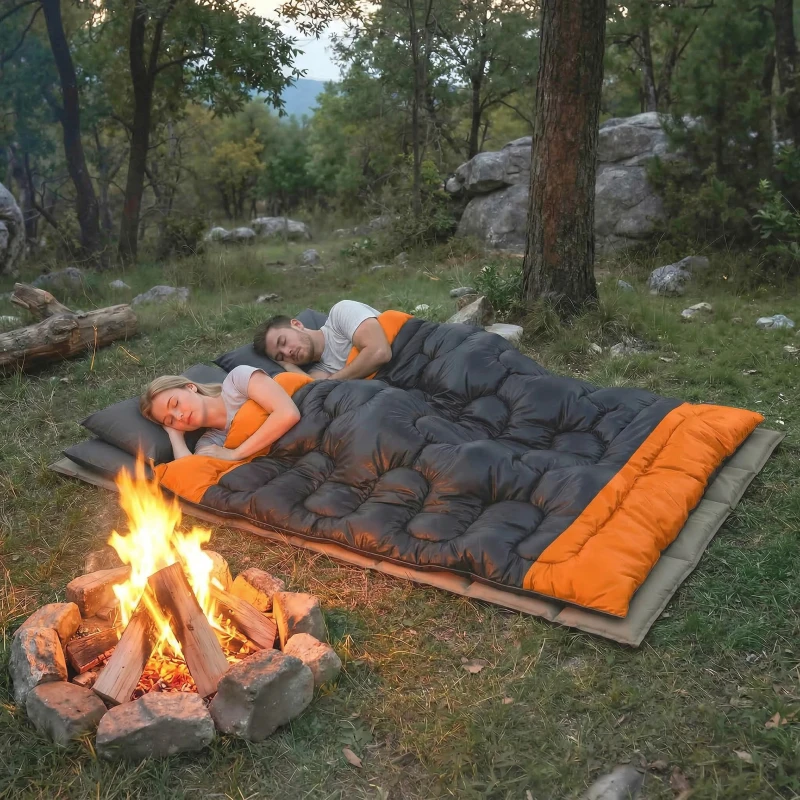 Outsunny Double Sleeping Bag with 2 Pillows, 220 x 160 cm Extra-Large Sleeping Bag for Adults, Grey and Orange