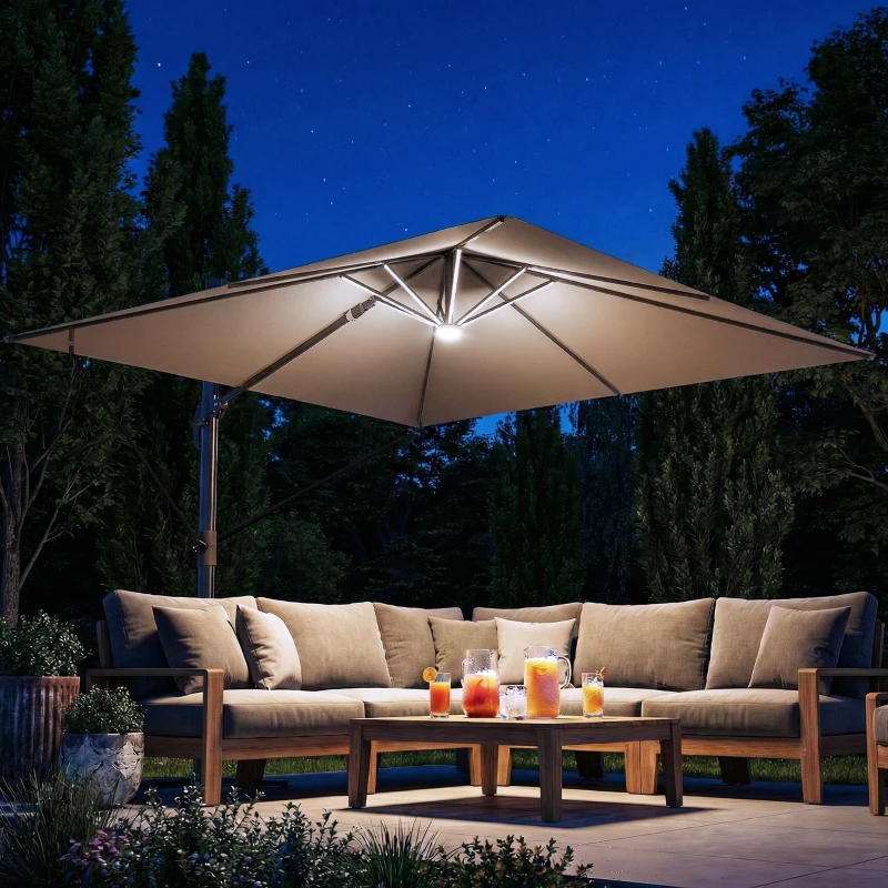Outsunny 3 x 3 m Garden Cantilever Parasol with Light, Cover, Overhanging Umbrella w/ Wind Protection, 360° Rotation, Khaki