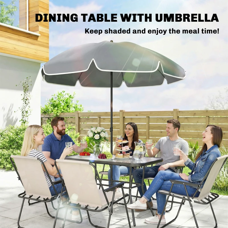 Outsunny 8 Piece Garden Dining Set with Umbrella Garden Furniture Set with 6 Folding Chairs, Tempered Glass Table for Patio Cream
