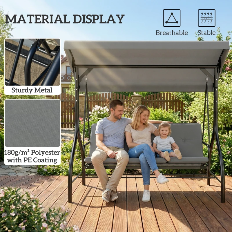 Outsunny 3 Seater Canopy Swing Chair, 2 in 1 Garden Swing Seat Bed, with Adjustable Canopy and Metal Frame, Light Grey
