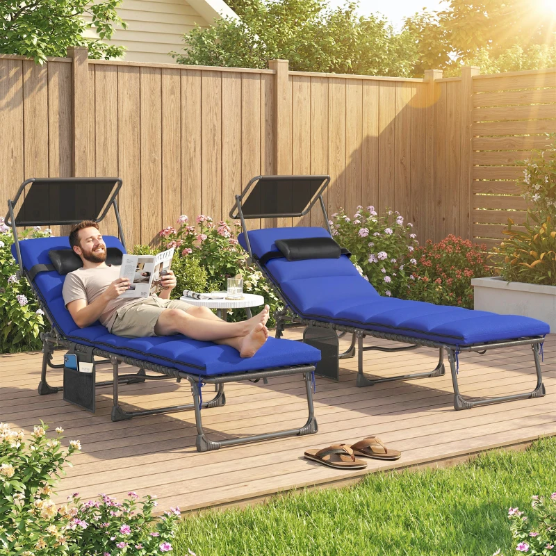 Outsunny Folding Sun Loungers Set of 2 with Canopy, Reclining Sunbed with Cushion, Side Pocket, Carrying Handle, Dark Blue