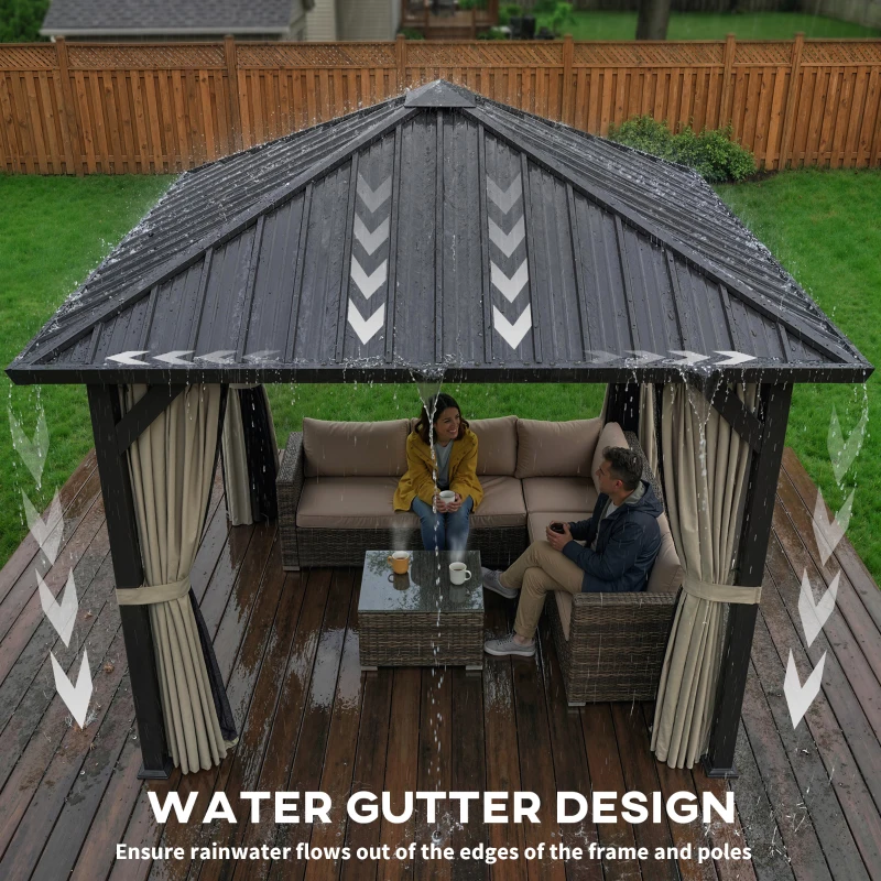 Outsunny 3 x 3(m) Hardtop Gazebo with Galvanised Steel Roof and Water Gutter, Waterproof Permanent Pavilion Garden Gazebo with Netting and Curtains for Patio, Deck, Black
