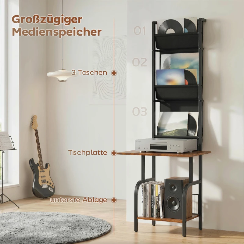 HOMCOM Industrielles CD-Regal, CD-Aufbewahrung, DVD-Ständer mit 3 Stofftaschen und Tischplatte, Rustikale Holzoptik in Braun
