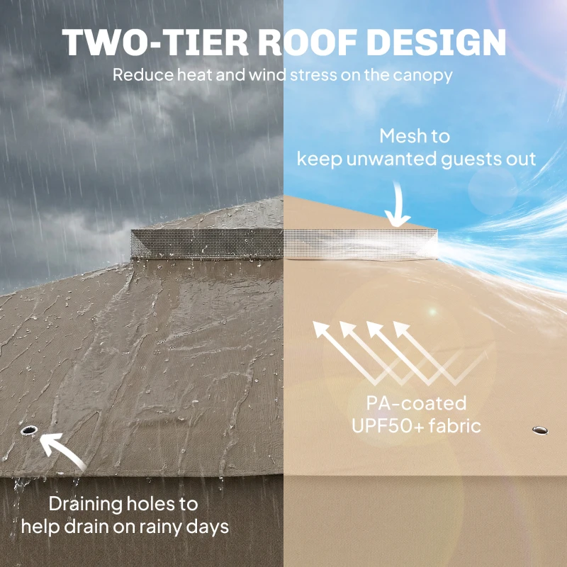 Outsunny 3 x 3.6 m Outdoor Garden Gazebo with Post Shelves, UPF50+ Patio Permanent Pavilion with Hook, Khaki