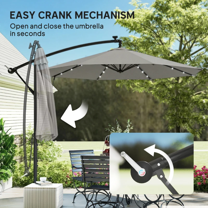 Outsunny 3 m Cantilever Parasol with Solar LED Lights Garden Umbrella with Cross Base, Light Grey