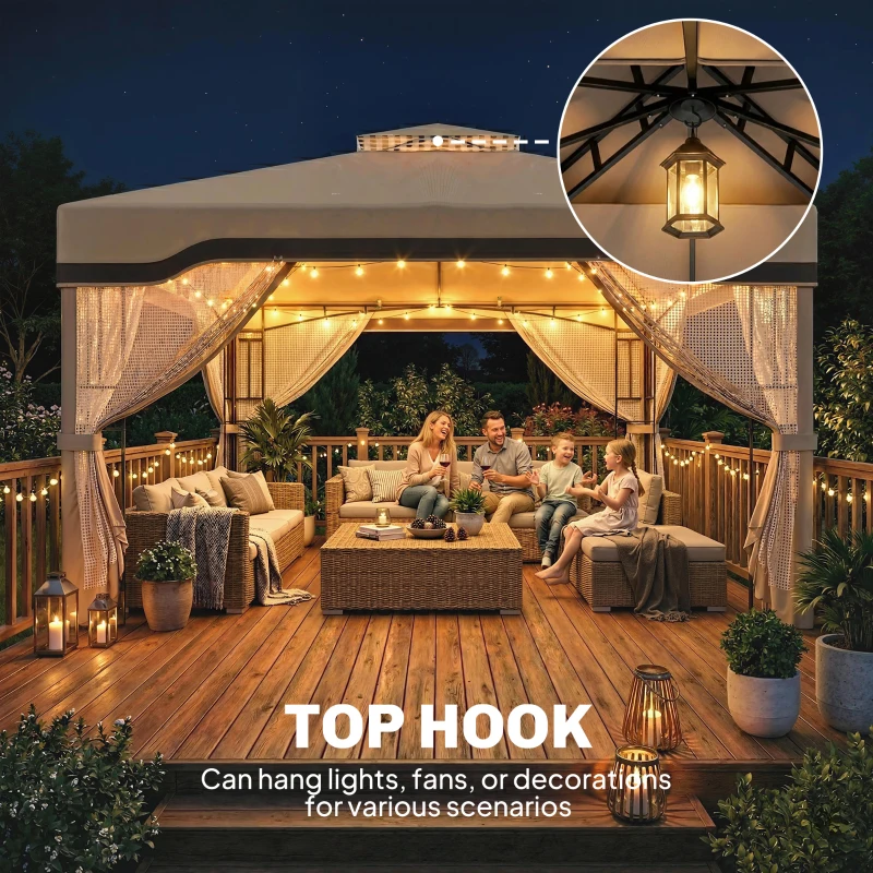 Outsunny 3 x 3.6 m Outdoor Garden Gazebo with Post Shelves, UPF50+ Patio Permanent Pavilion with Hook, Khaki