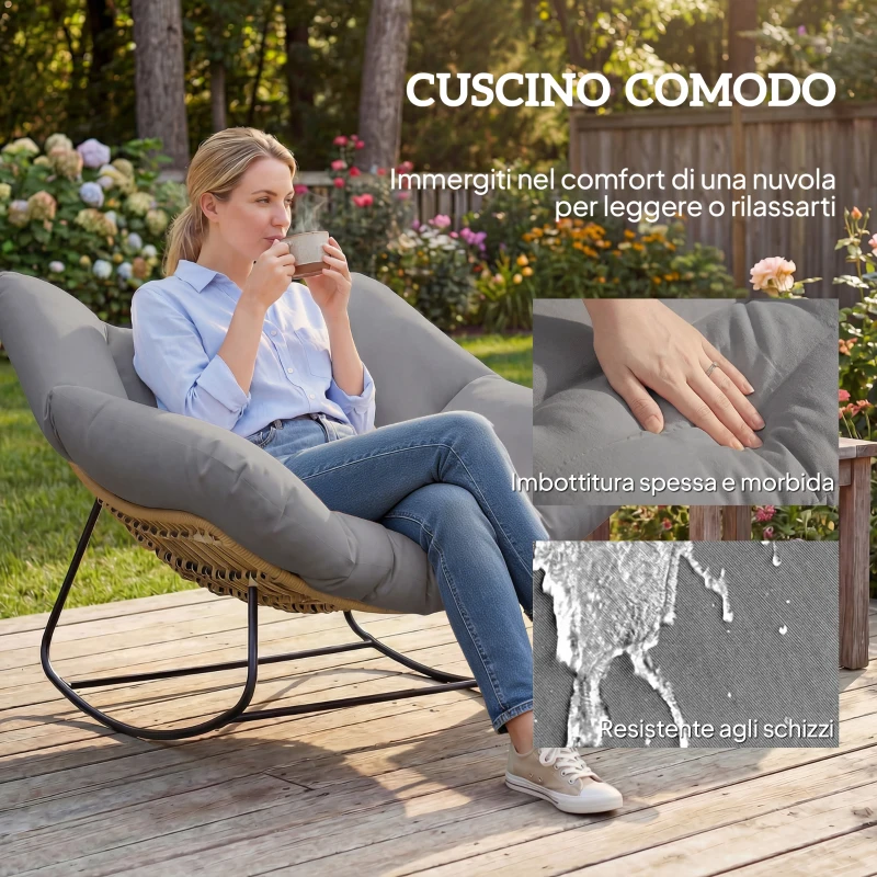 Outsunny Sedia a Dondolo da Interni ed Esterni con Seduta Extra Larga da 60 cm e Cuscino Imbottito, Grigio