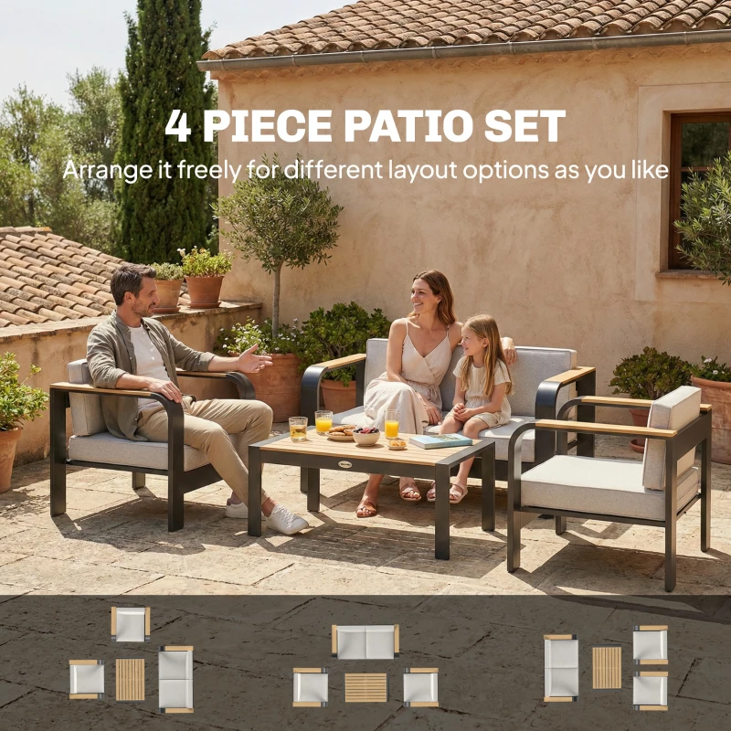 Outsunny 4 Seater Aluminium Garden Furniture Set, Olefin Cushions, Garden Sofa Set with Loveseat, Armchairs, Table, Beige