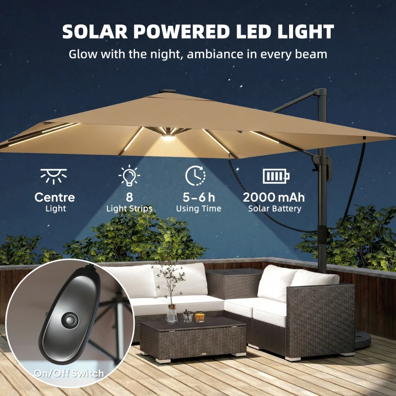 Outsunny 3 x 3 m Garden Cantilever Parasol with Light, Cover, Overhanging Umbrella w/ Wind Protection, 360° Rotation, Khaki