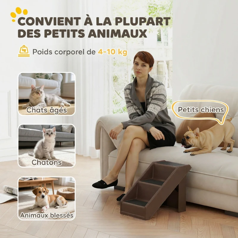 PawHut Escalier pour Chien Pliant à 3 Marches Antidérapantes Escalier pour Animaux en Plastique 50 x 30,5 x 36,5 cm Marron
