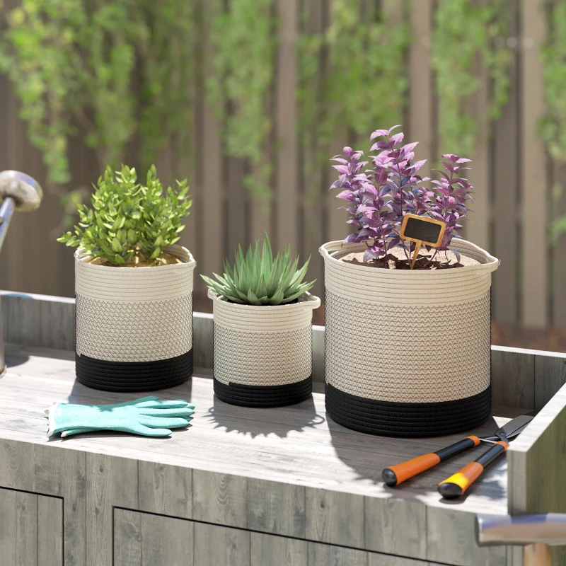 Outsunny Plant Pots Handwoven Cotton Indoor Planters with Waterproof Liner Set of 3 White