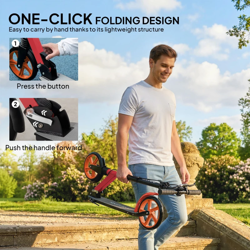 HOMCOM One-click Folding Kick Scooter for 14+ w/ Adjustable Handlebar, Push Scooter with Kickstand, Dual Brake System, Red