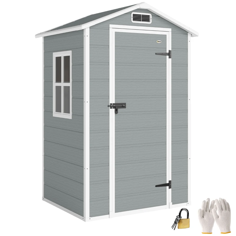 Outsunny 4 x 3 ft Plastic Garden Shed with Floor, Outdoor Storage Shed with Lockable Door, Window and Vent, Light Grey