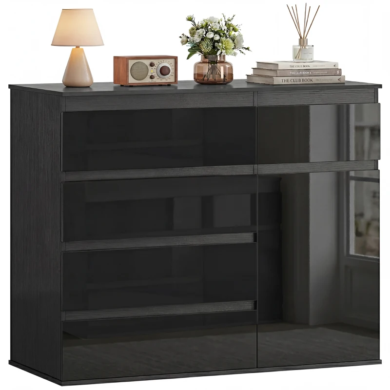 HOMCOM Aparador moderno, Aparador com 5 gavetas, prateleira ajustável, porta com fechamento suave, Preto alto brilho