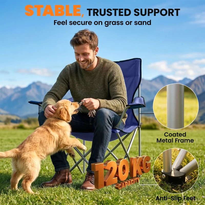 Outsunny Camping Chair Set of 2 Portable Folding Outdoor Camp Chair with Cup Holders and Carry Bag Dark Blue