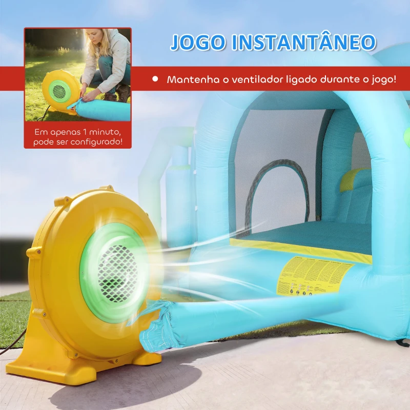 AIYAPLAY Castelo Insuflável Aquático 7 em 1 com Insuflador 450W 2 Escorregas Trampolim Piscina Cesto Coluna de Boxe 426x360x198 cm Multicor