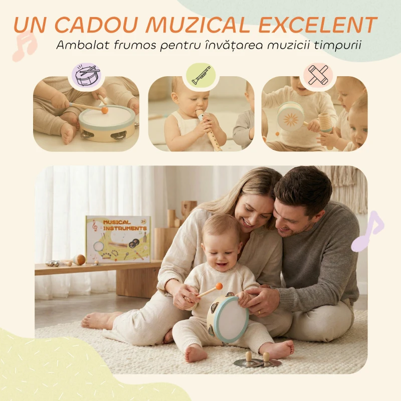 AIYAPLAY Instrumente Muzicale pentru Copii, Jucării Muzicale Montessori din Lemn pentru Copii 3+, Set de Percuție cu Tamburină și Maracas, Cadou pentru Fete și Băieți