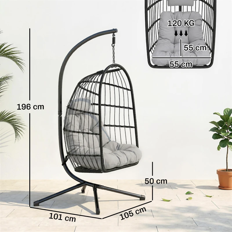 Outsunny Hangstoel met Standaard Opvouwbare Polyrattan Mand met Kussen Veiligheidsgordel Hoofdkussen Banden, Verstelbare Hoogte